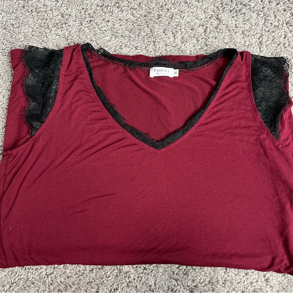 Poetsky Women's V Neck Lace Tank Tops Loose Casual Sleeveless Tunic Wine M